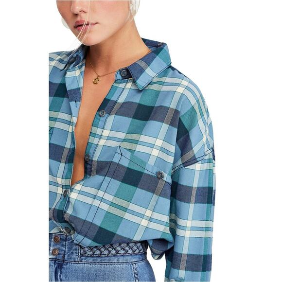 FREE PEOPLE NWT Button Up Plaid Blue Blouse Top Shirt – Small - Picture 5 of 15